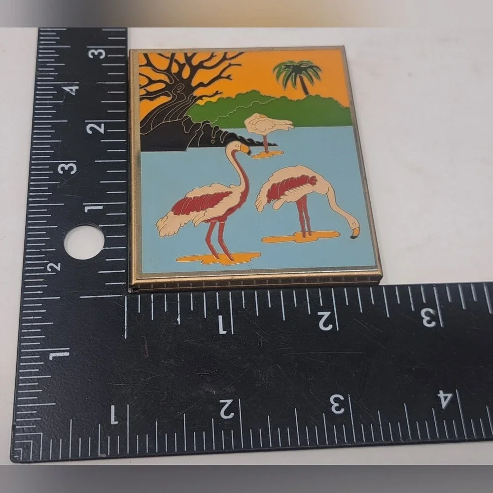 Vintage 80s 90s Enamel Makeup Pocket Vanity Mirror Birds Flamingo Tropical Art